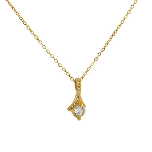 Detailed close-up of a gold waterdrop pendant with a bright round zircon stone and small diamonds