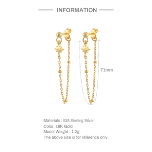 Detailed dimensions of 925 Sterling Silver 18K Gold star tassel earrings at 71mm