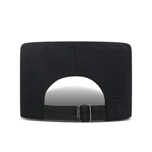 Rear view of black cotton cadet cap with adjustable metal buckle and twill texture