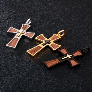 Classic stainless steel multi-layered cross necklaces with brown wood inlay in three colors