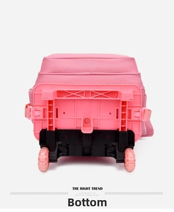Detail view of the pink rolling backpack's durable bottom base and sturdy wheel structure