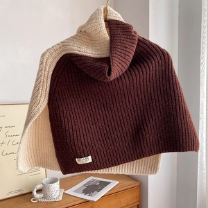 Two-tone ribbed knit high neck collar shawl in brown and cream for winter layering