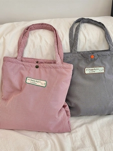Women Plaid Tote Bag Canvas Grid Pattern Shoulder Bag Magnetic Button Closure Casual Korean Style Aesthetic Handbag