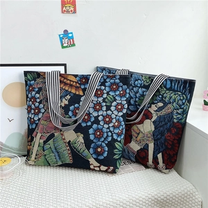 Artistic jacquard tote bags with vintage floral patterns and striped handles