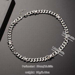 Close-up of silver Cuban chain with thorn wire design and detailed product dimensions