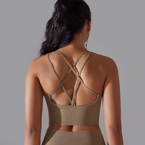 Detail of mocha ribbed sports bra featuring intricate criss-cross back straps for fitness
