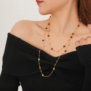 Layered gold-plated tiger eye stone beaded necklace for women in vintage aesthetic