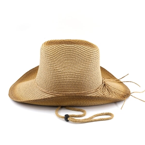Gradient brown western cowboy straw hat with wide brim and adjustable chin strap