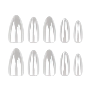 Glossy milky white almond press-on nails set with translucent finish on plain background