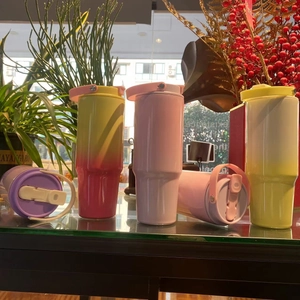 Insulated 30oz gradient stainless steel travel mugs with handle and straw in various colors