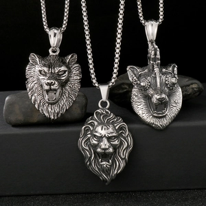 Gothic punk lion and wolf head pendants in vintage stainless steel with box chains