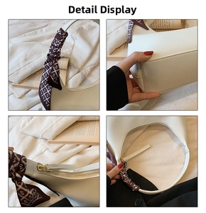 Macro details of white hobo bag with silk scarf handle and smooth leather texture