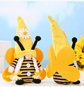 Detailed back view of bee gnome plush with large yellow wings and striped body
