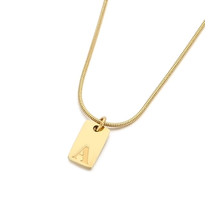18K gold plated stainless steel snake chain necklace with engraved letter A square pendant