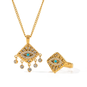 18K gold plated evil eye jewelry set with turquoise beads and sparkling crystal tassels