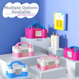 Detail view of electric balloon pump models showing multiple colors and nozzle options
