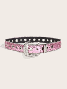Pink glitter Y2K belt with sparkling rhinestones buckle and silver metal eyelet details