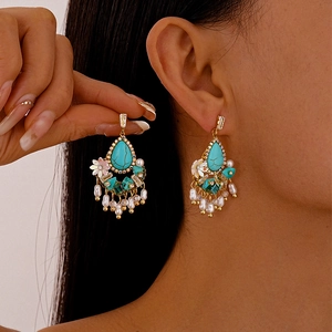Vintage floral drop earrings with turquoise stones, pearls and sparkling crystals