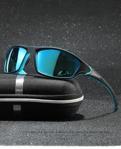 Close-up of polarized sports sunglasses with blue temples and matching zipper storage case