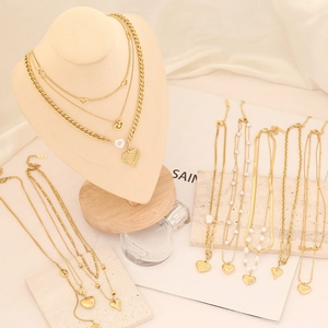 Stainless Steel Heart Pendant Necklace Gold Plated Layered Elegant Trendy Faux Artificial Pearl Jewelry For Women Elegant Accessory