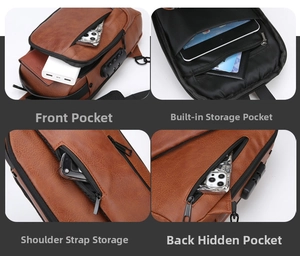 Detailed four-grid view of a brown leather chest bag featuring multiple anti-theft compartments
