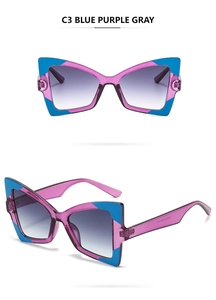 Front and 45-degree angle views of trendy blue-purple butterfly cat-eye sunglasses
