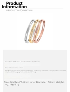 Detail specifications for stainless steel bangle sets with cubic zirconia inlay in three colors
