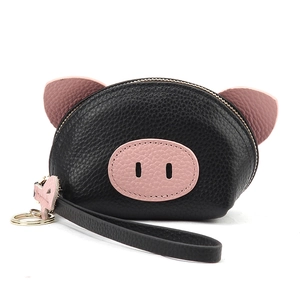 Cute black genuine leather pig shaped coin purse with pink ears and wrist strap