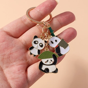 Cute cartoon panda keychain with bamboo charm and enamel finish for women and bags