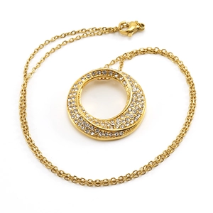 Collier en acier inoxydable doré avec un pendentif circulaire étincelant serti de zircon