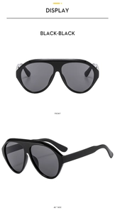 Front and side macro views of fashion oversized black aviator sunglasses with dark lenses