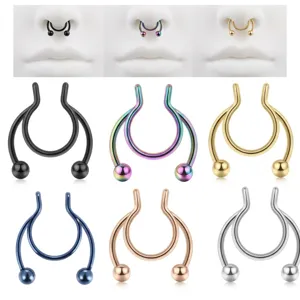 Detailed close-up of six-color stainless steel non-pierced U-shaped septum nose rings set