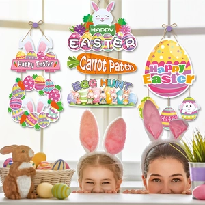 Happy Easter door hanging set with bunny ears and colorful egg ornaments for festive decor