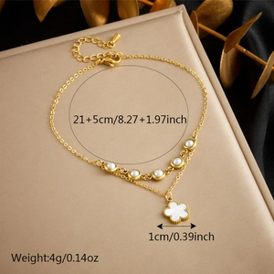 Gold stainless steel anklet with pearl flower pendant, 21+5cm adjustable length