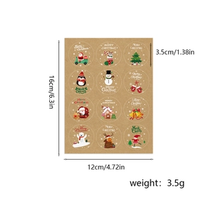 Christmas cartoon stickers sheet featuring Santa motifs with dimensions and weight info
