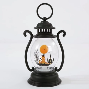 Halloween portable black metal pumpkin lantern with glowing moon and castle scene LED light