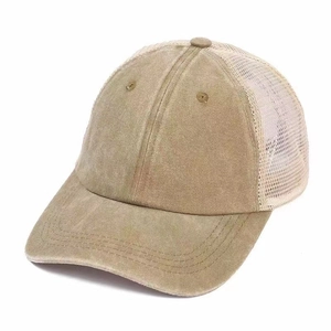 Unisex khaki mesh trucker hat with breathable rear net for summer outdoor sun protection