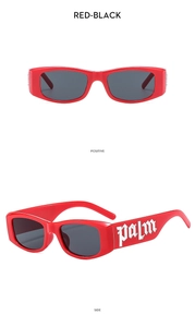 Detailed front and side views of red rectangle sunglasses with gothic palm text