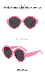 Vistas detalladas frontal y lateral de gafas de sol redondas rosas con lentes grises