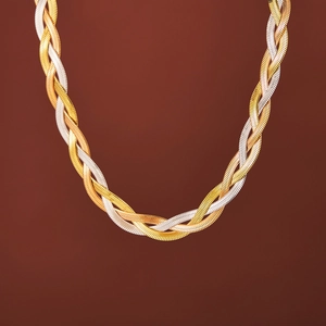 Triple Strand Braided Herringbone Flat Snake Chain Necklace For Women 18K Gold Plated Titanium Stainless Steel Tricolor
