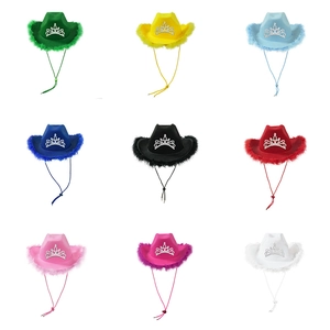 Western Cowboy Hat Polyester Felt Rhinestone Tiara Crown Feather Trim Adjustable Strap Party Carnival Cosplay Princess Style