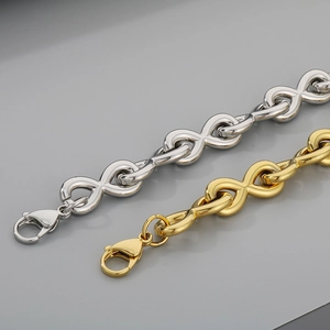 Polished stainless steel infinity symbol bracelets in gold and silver with lobster clasp