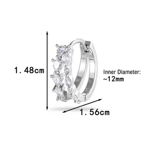French style double row silver hoop earrings with water drop zircon stones, 12mm inner diameter