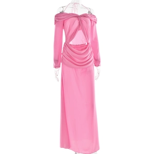 Pink off-the-shoulder maxi dress with cutout details and elegant gathered pleats