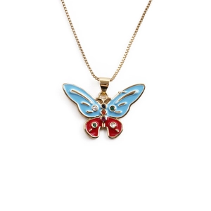 Golden butterfly necklace with colorful enamel wings and sparkling zircon gemstones