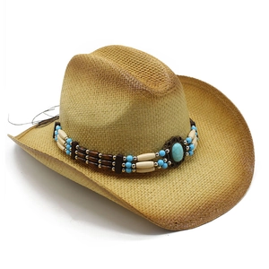 Western straw cowboy hat with turquoise bead band and vintage painted brim for sun protection