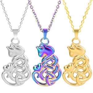 Detailed view of cat heart pendants in silver, rainbow, and 18k gold plated finishes