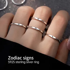 S925 Sterling Silver Twelve Zodiac Sign Open Rings For Women Minimalist Adjustable Constellation Personality Finger Jewelry Gift