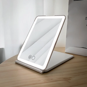 Detail view of foldable LED makeup mirror with touch button and adjustable white stand