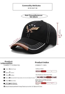 Detailed size chart for black cotton baseball cap with eagle embroidery and wave stitching